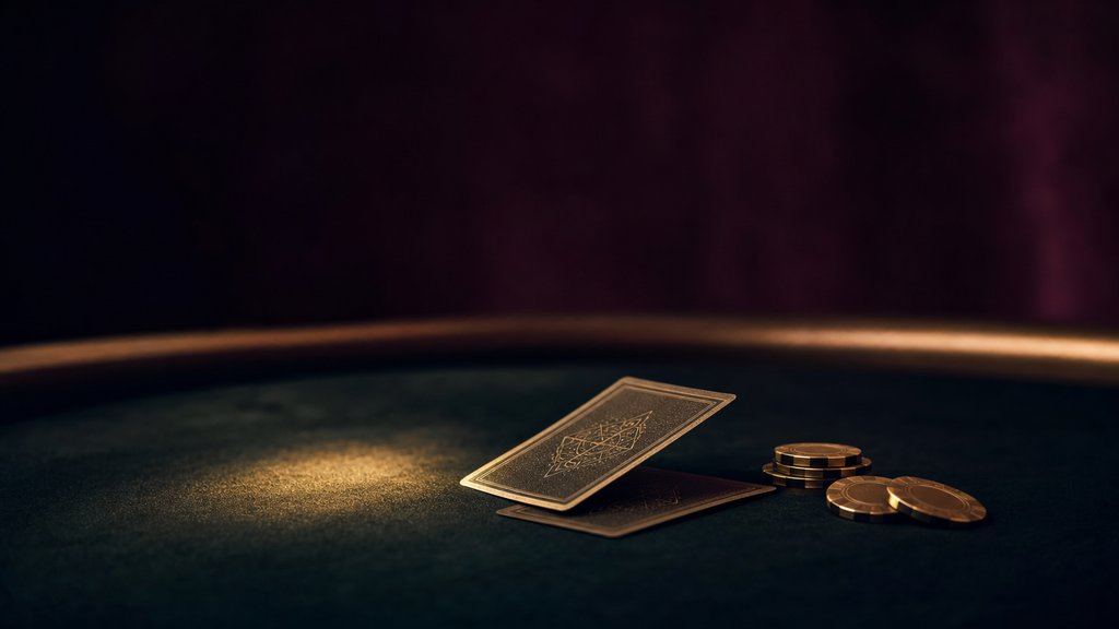 A dark playing card and gold-edged poker chips on green felt, ready for a new hand.