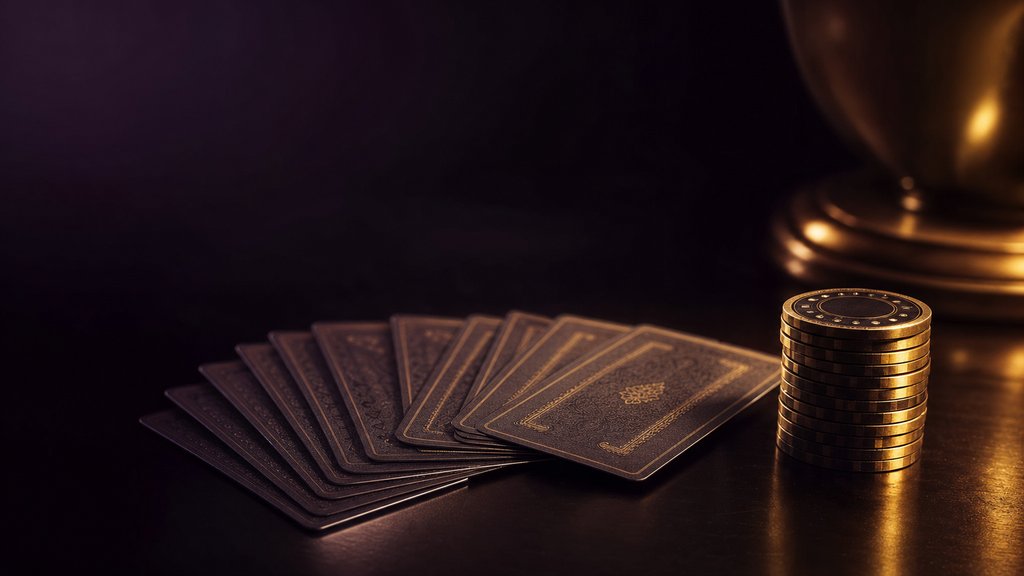 A fan of dark playing cards beside a stack of gold-edged poker chips on a dark table.