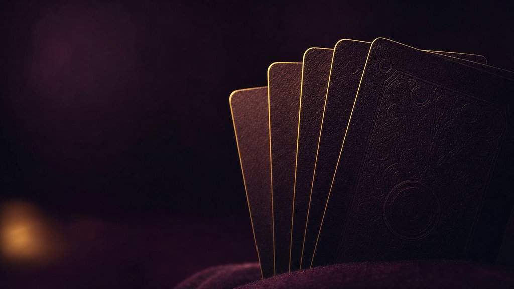 An elegant fan of five dark playing cards catching warm brass light.