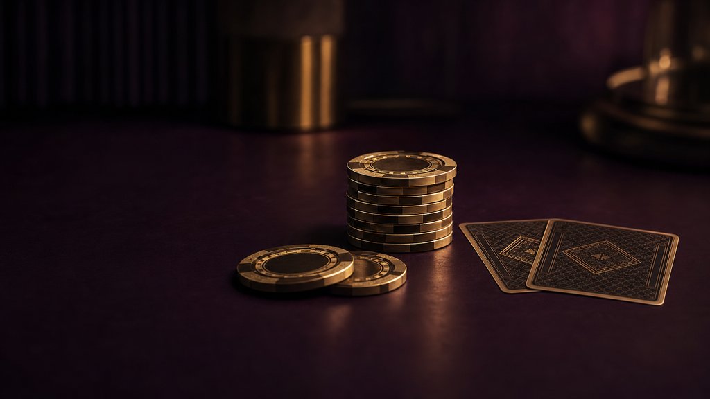 A stack of gold-edged poker chips beside two cards on a dark table, mid-hand.