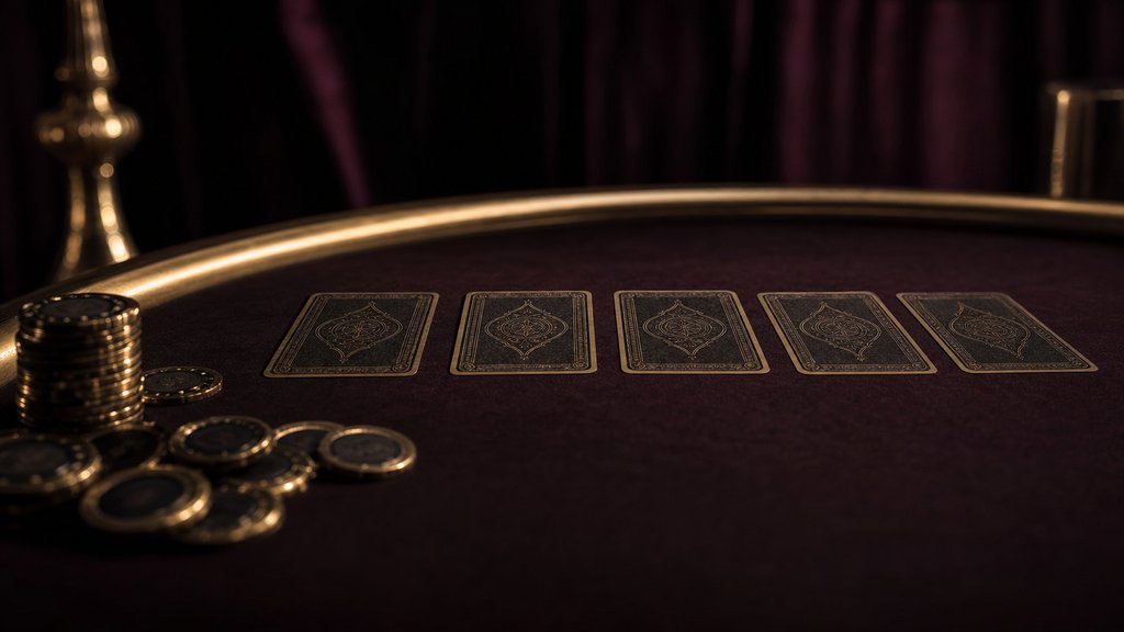 Five community cards dealt in a row across a poker table beside a stack of chips.