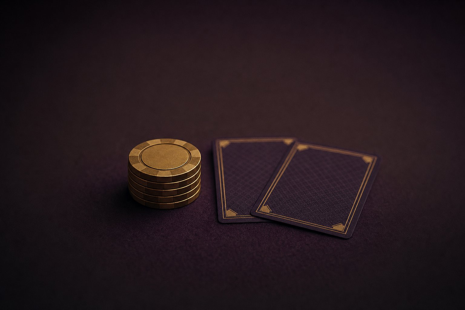 A small neat stack of brass-gold poker chips beside two face-down cards on dark aubergine felt
