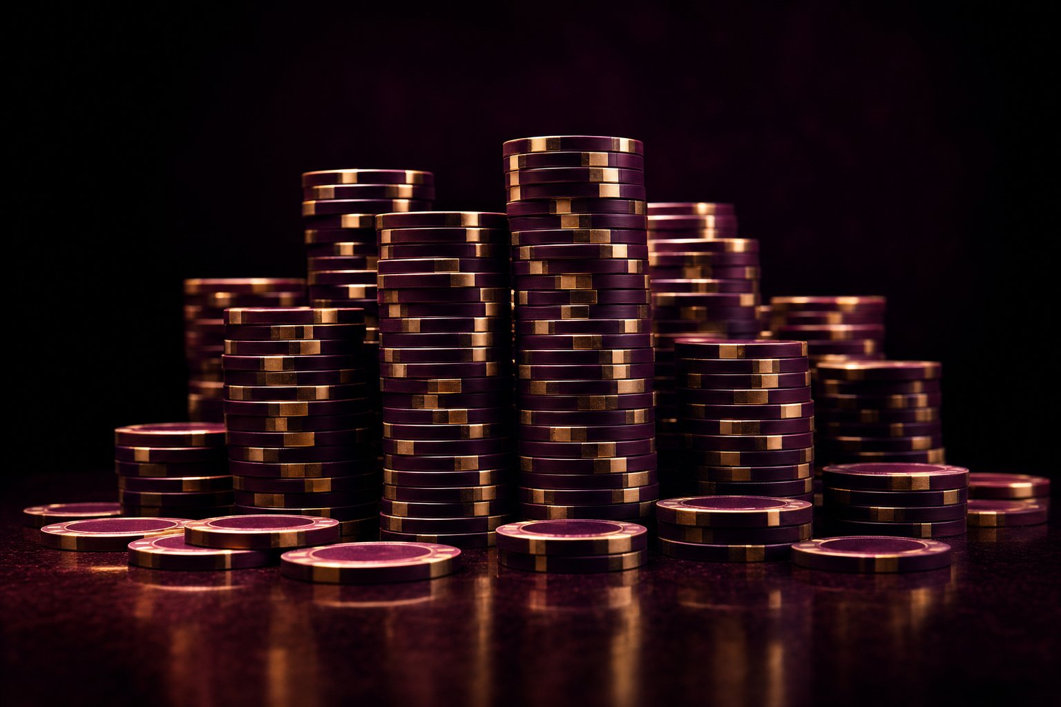 Tall towers of aubergine and brass-gold poker chips on a dark reflective table