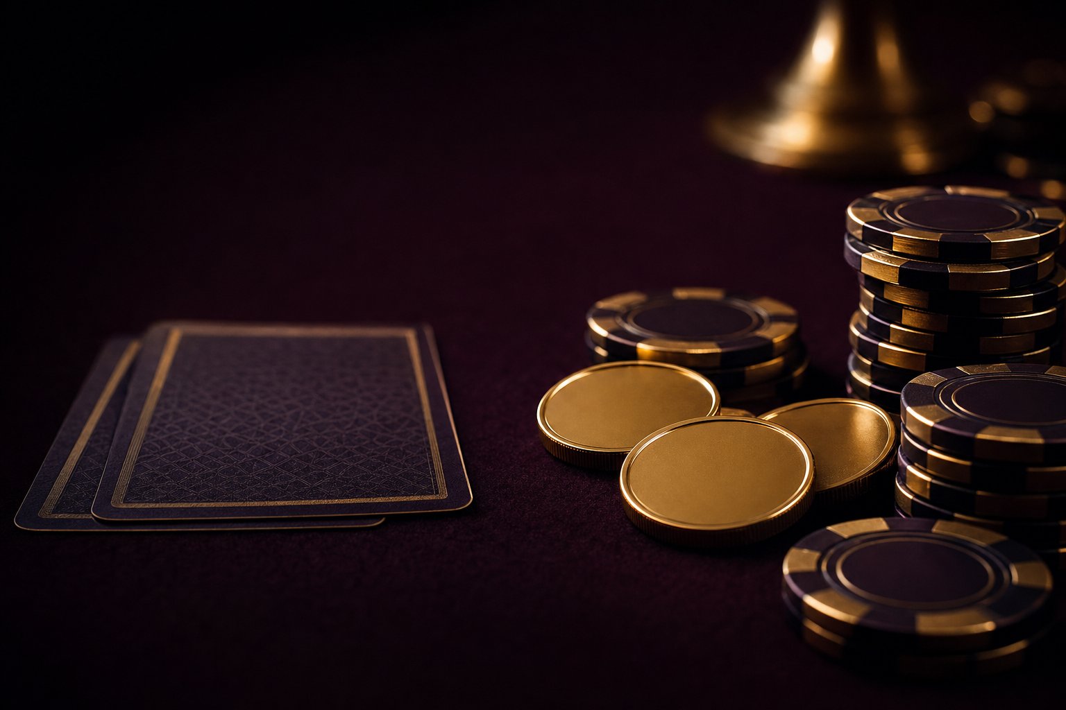 Gold coins and brass-edged poker chips beside face-down cards on a dark aubergine felt table