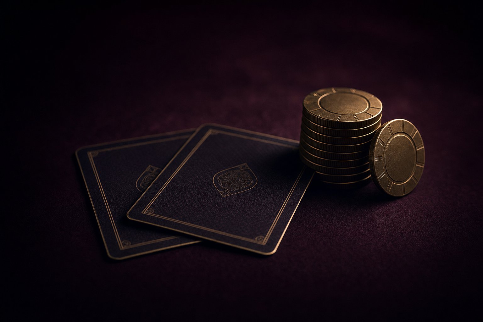 Two face-down playing cards beside a stack of brass-edged poker chips on dark aubergine felt