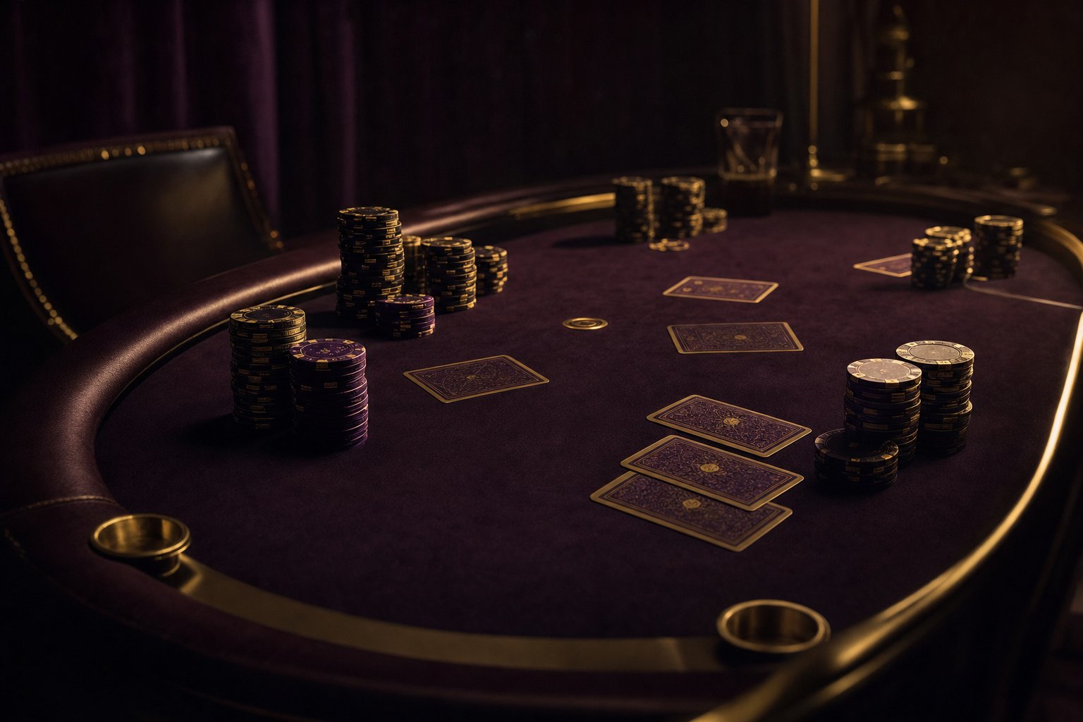Poker chips with brass edges and playing cards on a dark aubergine felt table
